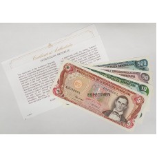 DOMINICAN REPUBLIC 1978 . FIVE 5, TEN 10, FIFTY 50, FIVE HUNDRED 500 PESOS ORO . SPECIMEN BANKNOTES